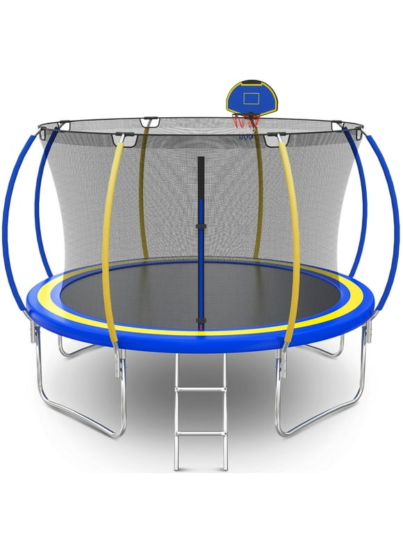 12FT Trampoline for Kids - Seizeen Round Trampoline W/ Enclosure Net & Hoop, Outdoor Colorful Trampoline with Waterproof Cover, Steel Support & Ladder