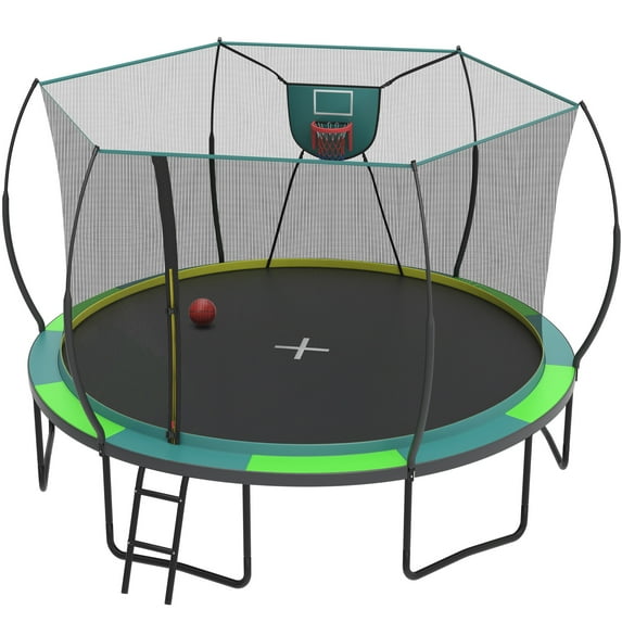 12FT Trampoline Outdoor with No-gap Design, SHINPT Trampoline for Kids Indoor, Outdoor Play Equipment with Basketball Hoop, Toddler Trampoline with Enclosure Net, Recreational Trampoline for Gift