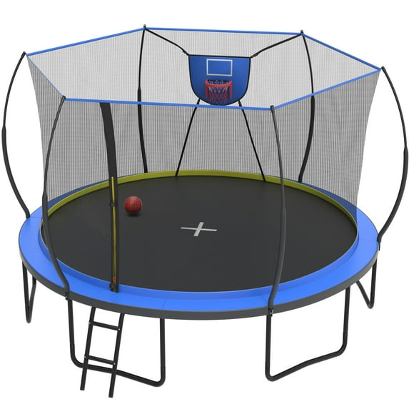 12FT Trampoline Outdoor with No-gap Design, SHINPT Trampoline for Kids Indoor, Outdoor Play Equipment with Basketball Hoop, Toddler Trampoline with Enclosure Net, Recreational Trampoline for Gift