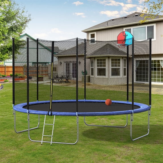 12 FT Round Trampoline with Safety Enclosure Net, Basketball Hoop and Ladder, Spring Cover Padding and Easy Assembly Outdoor Recreational Trampoline Perfect for Family Outdoor Activities, Blue