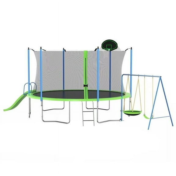12FT Trampoline with Slide and Swings, Large Recreational Trampoline with Basketball Hoop and Ladder, Outdoor Backyard Trampoline with Net, Capacity for Kids and Adults