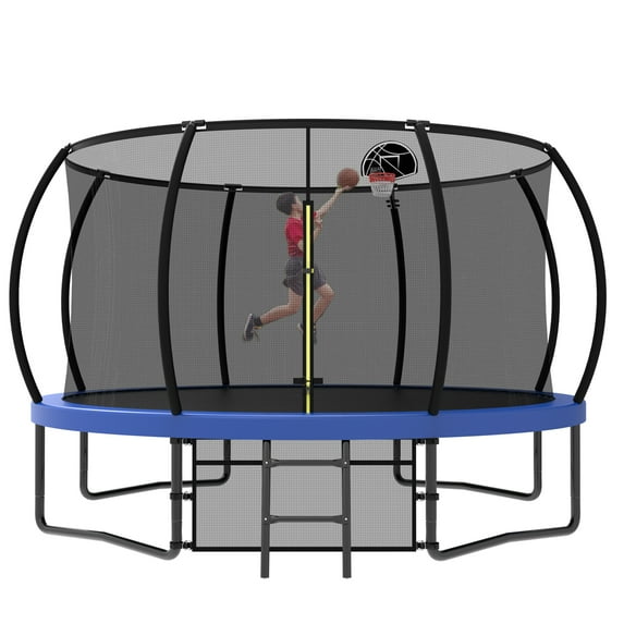 12FT Trampoline for Kids,Outdoor Recreational Trampolines with Safety Enclosure Net & Ladder,Blue