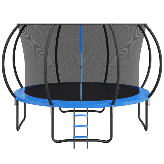 12FT Trampoline with Enclosure Net & Ladder, 400lbs Capacity, Heavy Duty Outdoor Trampoline for Kids & Adults, Curved Pole & Spring Cover Padding