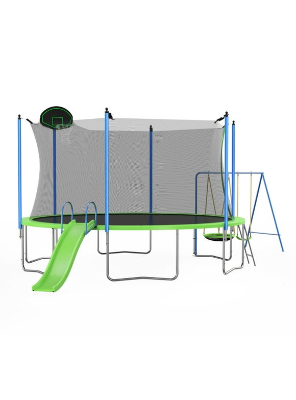 12FT Trampoline with Slide and Swings for Kids and Adults, Outdoor Recreational Trampoline with Basketball Hoop, Safety Enclosure and Ladder, Green