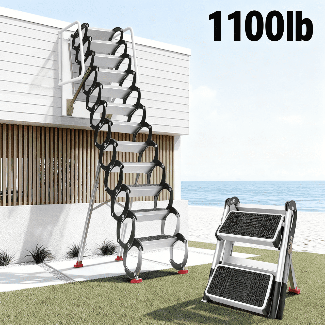 12FT Wall Mounted Attic Ladder Pull Down System, 12 Steps Al-Mg Alloy ...