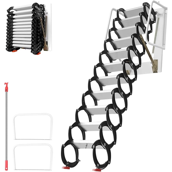 12FT Wall Mounted Pull Down Attic Ladder, 12-Step Lightweight Al-Mg Alloy Collapsible Loft Stairs, 900LBS Capacity Foldable Attic Stairway with Non-Slip Striped Treads & Safety Armrests