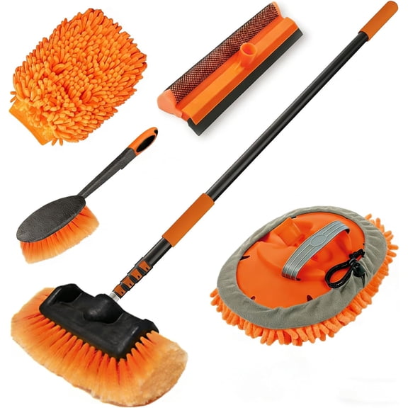 12FT  Wash Brush with Long Handle,  Cleaning Kit with Soft Bristle Wash Brush, Microfiber Cleaning Mop, Window , Mitt, Wheel Brush for RV, , Boat, House Siding
