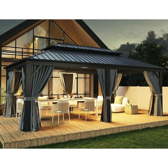 12FT X 16FT Hardtop Gazebo, Outdoor Pergolas with Mosquito Netting and Curtains, Aluminum Frame Gazebos with Galvanized Steel Double Roof Galvanized Steel Double Roof Permanent Aluminum Gazebo, for Ga