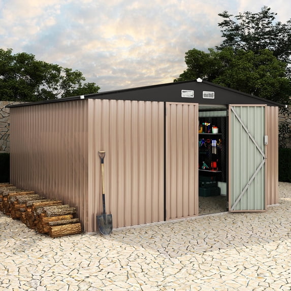 12FT x 10FT Metal Storage Shed, Outdoor Storage Shed with Lockable Doors, Utility and Tool Shed with Slooping Roof for Garden, Backyard, Patio, Lawn
