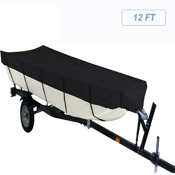 12FT x 56" 210D Marine Grade Boat Cover， Waterproof Heavy-Duty Trailerable Fit for Jon Boat, Black