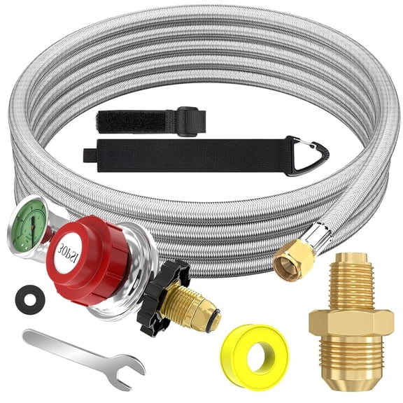 12Ft 0-30 PSI High Pressure Propane Regulator with Gauge 0~60PSI Gas Flow Indicator, Gas Cooker 3/8inch Female Flare Fitting, Stainless Steel Braided Hose and Gas Grill LP Regulator