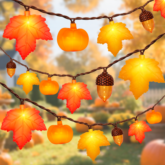 12Ft 20 LED Fall String Lights Plug in Autumn Lights Waterproof with 3D Maple Leaves Acorns and Pumpkin, Ideal for Bedroom Home Courtyard Party Indoor Outdoor Fall Decor Thanksgiving Decorations