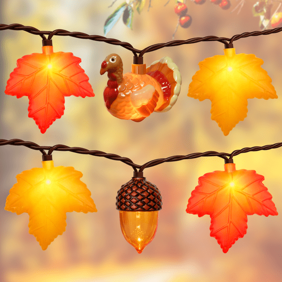 12Ft 20 LED Fall String Lights Plug in Autumn Lights Waterproof with 3D Maple Leaves Acorns and Turkeys, Ideal for Bedroom Home Courtyard Party Indoor Outdoor Fall Decor Thanksgiving Decorations