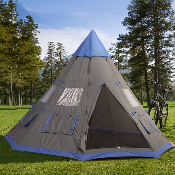12Ft Camping Tent 6-7 Person 4 Season with 8 Mesh Windows, Outdoor Teepee Tent with Waterproof Material
