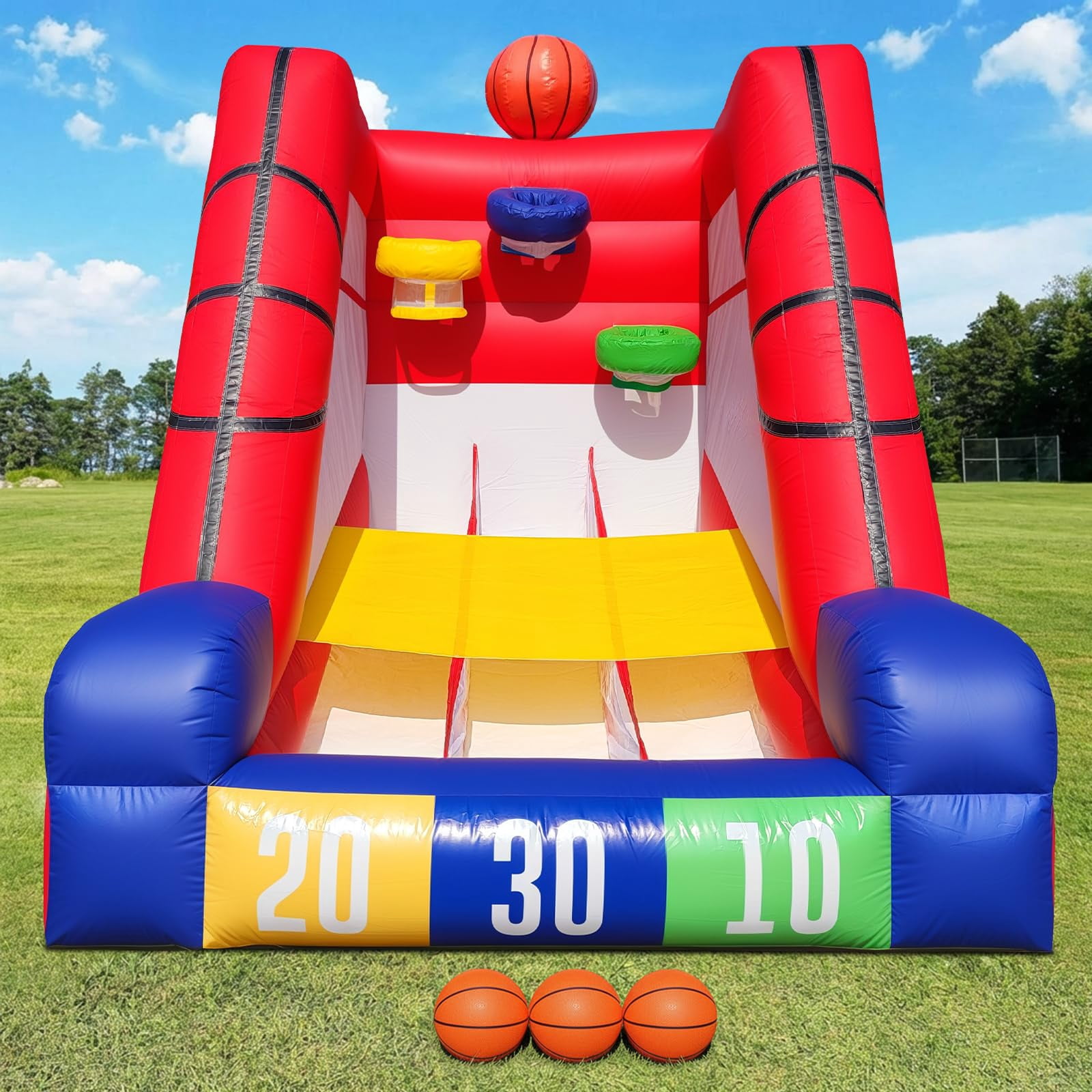 12Ft Inflatable Basketball Challenge Game, Commercial Grade PVC Basketball Game with 3 Balls & Air Blower, Multi-Player Inflatable Carnival Game for Outdoor Fun, Home & Rental Use
