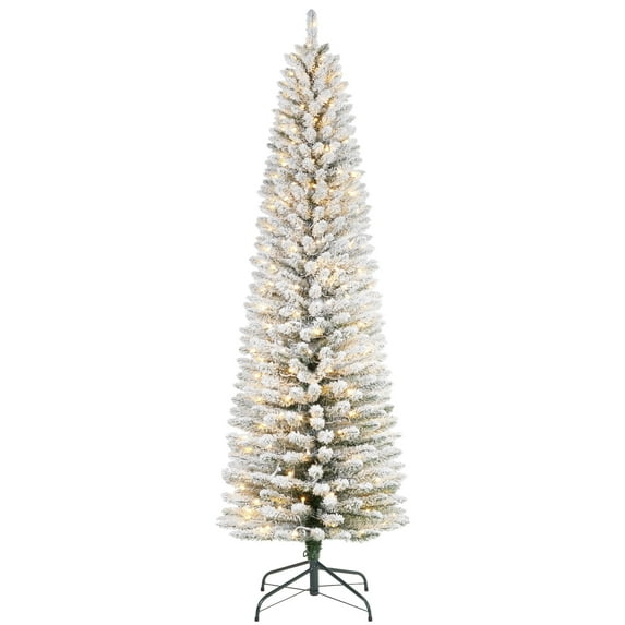 12Ft Pre- Lit Snow Flocked Pencil Christmas Tree, Fir Hinged Slim Skinny Corner Xmas Tree with 600 Incandescent Warm White Lights & Snow Branch Tips, White