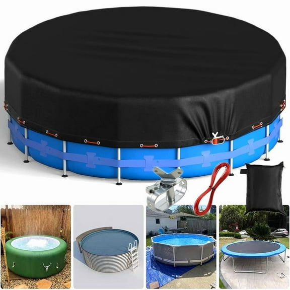 12Ft Round Pool Cover, Solar Covers for Above Ground Pools, Summer Pool Cover Protector with Cover Winch and Cable, PU Coated Sliver Ideal for Waterproof and Dustproof, Black