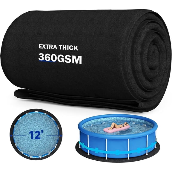 12Ft Round Pool Liner Pad for Above Ground Pools, 360G/M2 Extra Thick Heavy Duty Under Pool Mat, Seamless Puncture Resistant Geotextile Fabric Ground Padding, Extends Liner Life, Black