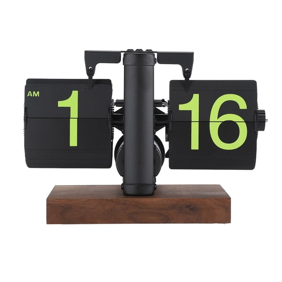 12H Desk Clock Retro Mechanical Flip Clock Large Numbers Automatic Wood Base for Living Room Study