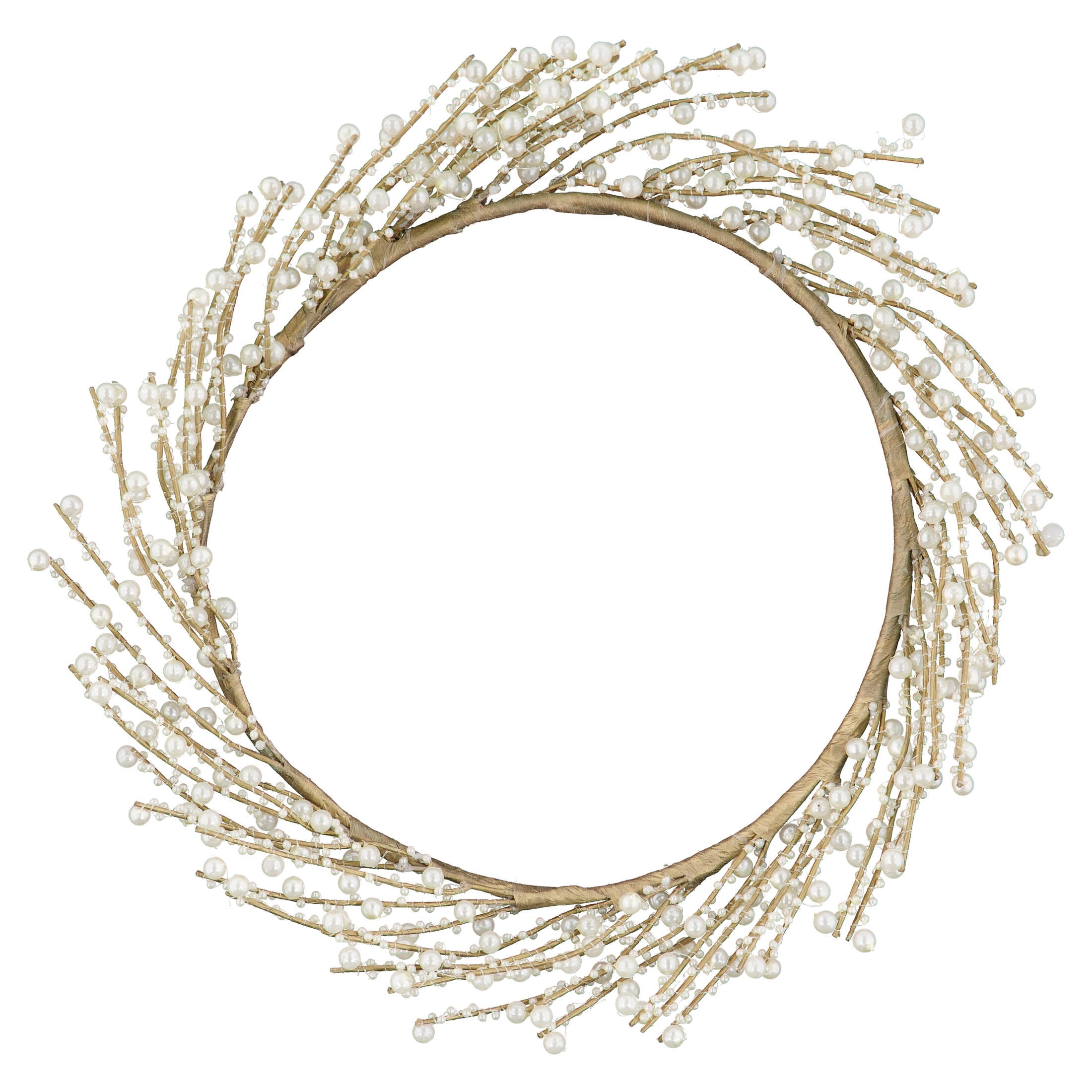 My Texas House Pearl Beaded Christmas Wreath, White and Gold, 12"
