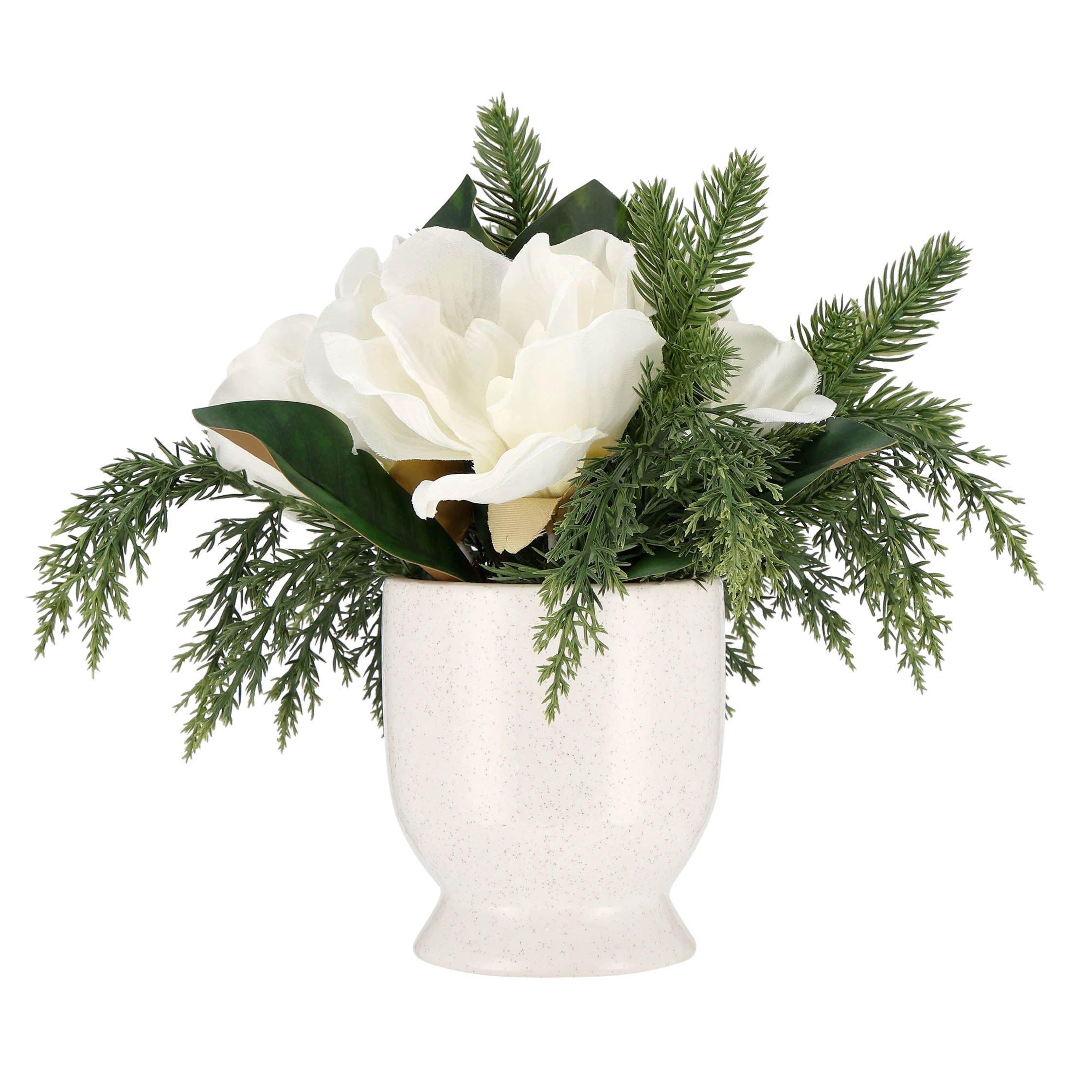 My Texas House Evergreen and Magnolia Christmas Arrangement in Pot, Green and White, 12"