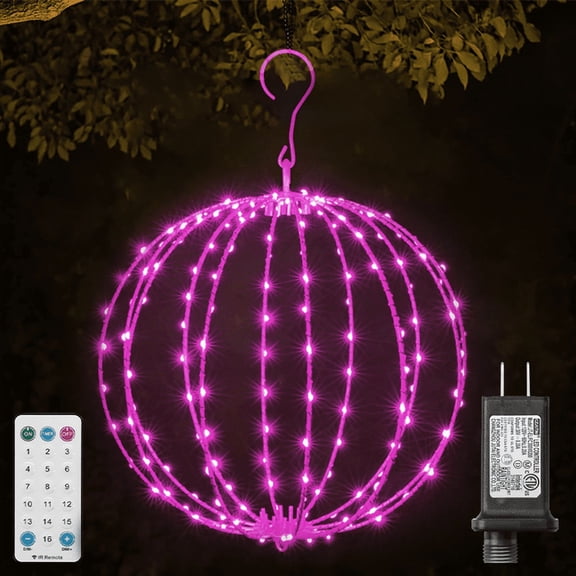 12INCH Outdoor/Indoor LED Christmas Light Ball,Foldable Metal Sphere Lights, Connectable Waterproof 16 Modes with Timer, Hanging Tree Globe Lights for Holiday Christmas Decorations (PINK)