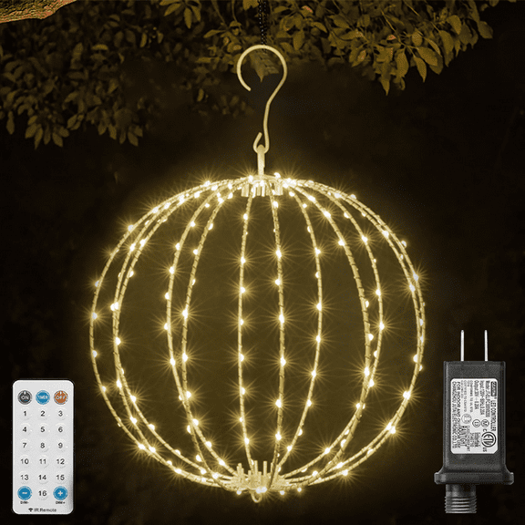 12INCH Outdoor/Indoor LED Christmas Light Ball,Foldable Metal Sphere Lights, Connectable Waterproof 16 Modes with Timer, Hanging Tree Globe Lights for Holiday Christmas Decorations (Warm White)