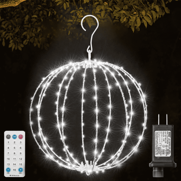 12INCH Outdoor/Indoor LED Christmas Light Ball,Foldable Metal Sphere Lights, Connectable Waterproof 16 Modes with Timer, Hanging Tree Globe Lights for Holiday Christmas Decorations (White)