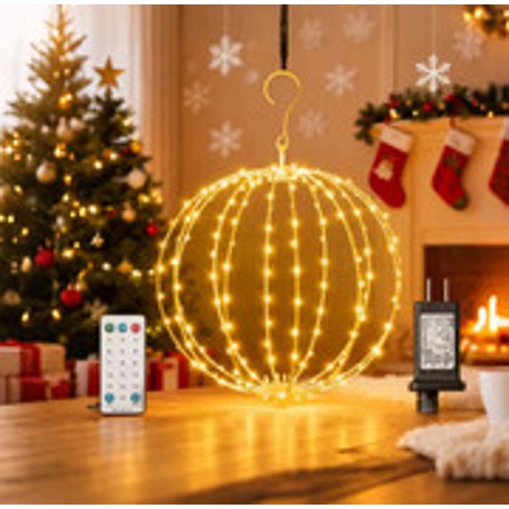 12INCH Outdoor/Indoor LED Christmas Light Ball,Foldable Metal Sphere Lights, Connectable Waterproof 16 Modes with Timer, Hanging Tree Globe Lights for Holiday Christmas Decorations (Yellow)