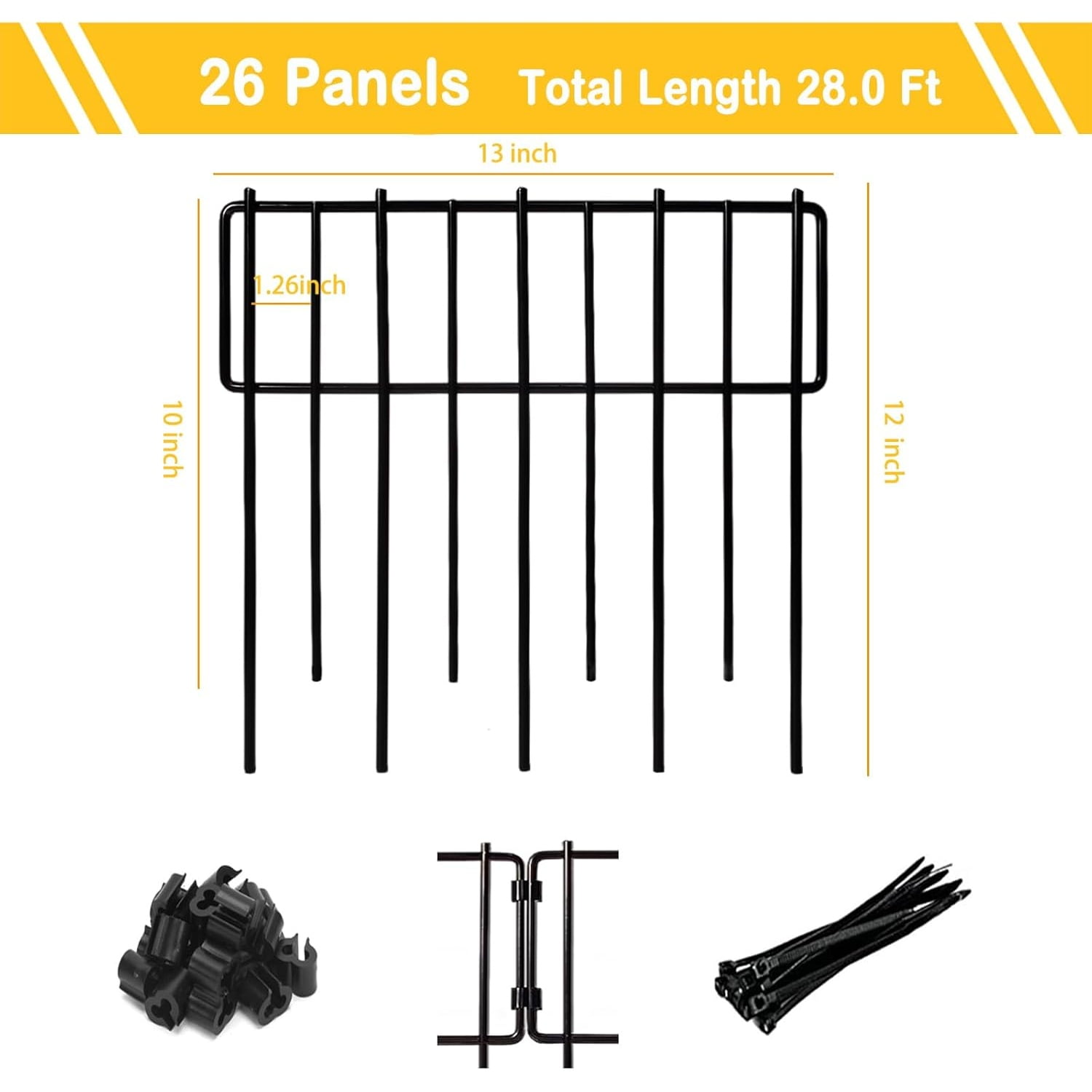 12In(H) x 28.00Ft(L) Upgrade 1.26 in Gap Decorative Fences No Dig Fence for Rabbit and Dog, Rustproof Metal Wire Garden Fence Border for Garden Patio Landscaping,26 PCS