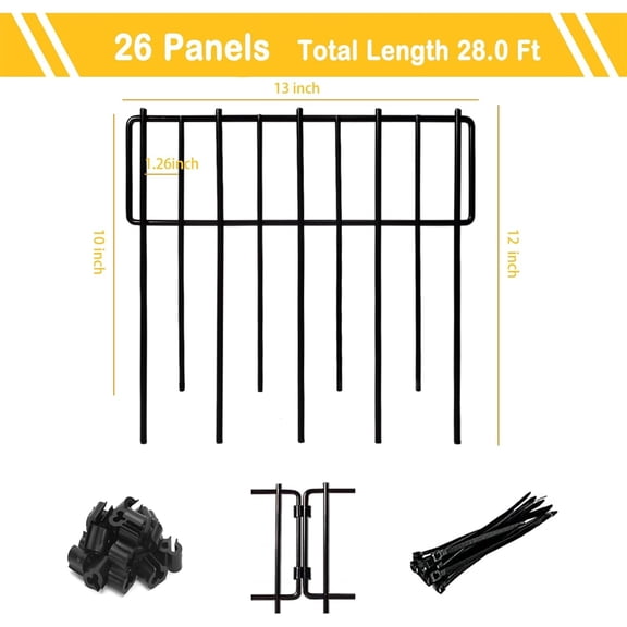 12In(H) x 28.00Ft(L) Upgrade 1.26 in Gap Decorative Fences No Dig Fence for Rabbit and Dog, Rustproof Metal Wire Garden Fence Border for Garden Patio Landscaping,26 PCS