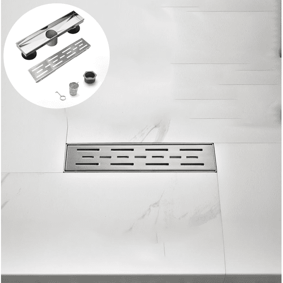 12In Linear Shower Drain Stainless Steel Floor Drain with Removable Brick Pattern Grate Cover Hair Strainer Leveling Feet for Bathroom Kitchen Basement Laundry Balcony Hotel Tile Insert