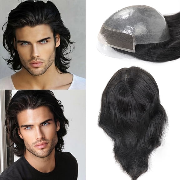 12Inch Long Hair Prosthesis Lace Front PU Toupee for Men Human Hair Natural Hairline Man's Wig Replacement System Black Brown