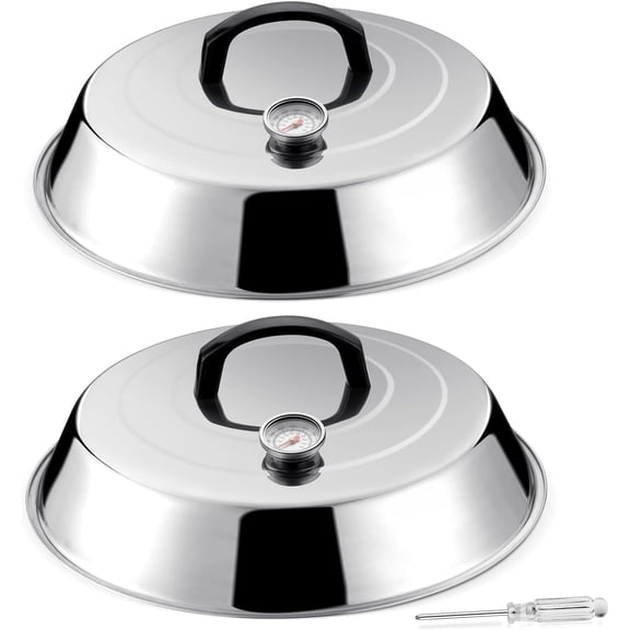 12Inch Melting Dome for Griddle, Stainless Steel Basting Cover with Thermometer, Large Round Steaming Cover Lid for Flat Top Teppanyaki BBQ Camping Cooking Grilling, Indoor & Outdoor (2 Piece)
