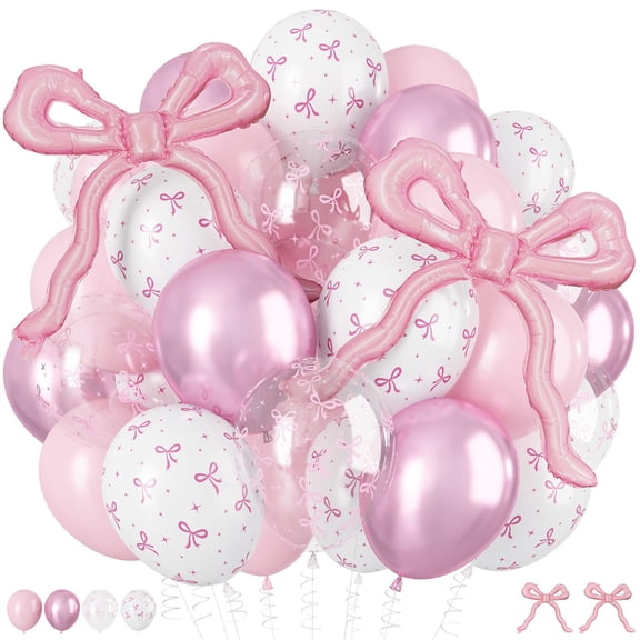 12Inch Pink Bow Balloon Set,Assorted Pastel Pink,Metallic Pink,Bow Print & Foil Balloons,Complete with Ribbon,Perfect for Coquette Birthday,Party,Shower,Bachelorette, Wedding Decor, Pink
