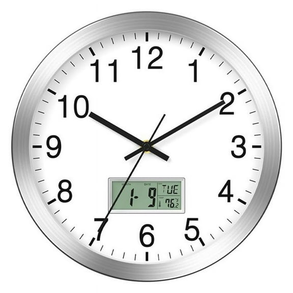 12Inch Wall Clock with Digital Date, Week, Indoor Temp - Battery Operated Wall Clock,Silver Brushed Finish, Easy to Read