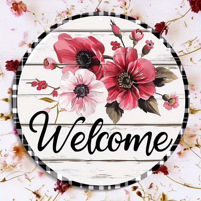 Rustic Welcome Flowers 12Inch Wooden Welcome Sign - Floral Wreath Design with Pink & White ...