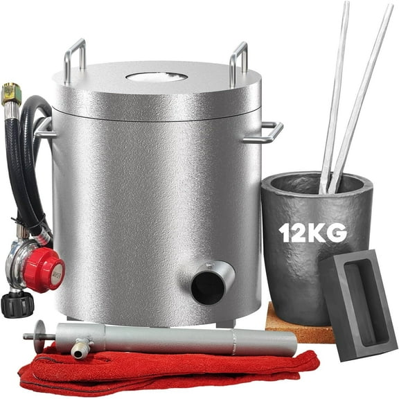 12KG Propane Melting Furnace Kit with Crucible and Tong, Full Stainless Steel Foundry Kiln or Scrap Metal Recycling Gold, Silver, Copper, and Aluminum Smelting and Refining, Siver
