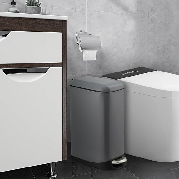 12L Bathroom Trash Can, Stainless Steel Kitchen Bin, 3.2 Gallon Capacity, Fingerprint-Resistant, Soft-Close Lid, Step-On Pedal, Compact & Durable Rectangular Design, Gray