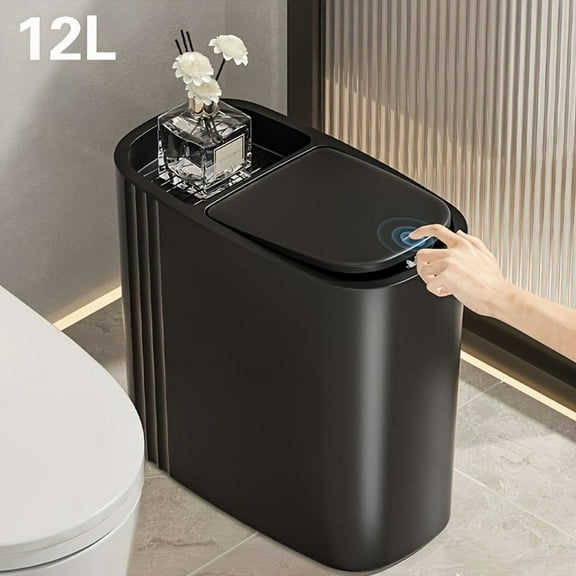 12L Black Trash Can with One-Touch Lid - Odor-Sealing Waste Bin for Bathroom/Office/Home, Durable Plastic, Modern Design, Easy to Clean