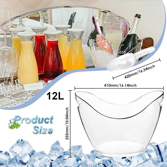 12L Clear Plastic Champagne Ice Bucket & Beverage Chiller Tub Set- Perfect for Parties, Mimosa Bars, Beer, Wine,Drinks & Cocktails (12L, 2 ice Buckets & 2 ice Scoops)