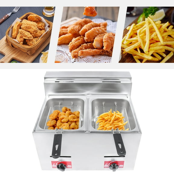 12L Commercial Deep Fryer 10.6qt Dual Basket Stainless Steel LPG Fryer for Restaurants, Bakeries, and Food Trucks, Efficient Heating & Easy Operation