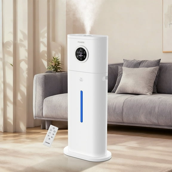 Humidifier for Large Room Home, 12L Top Fill Cool Mist Ultrasonic Floor Quiet Humidifiers for Baby and Plants with Customized Humidity, Timer, Sleep Mode, Auto Shut Off, Quiet, White