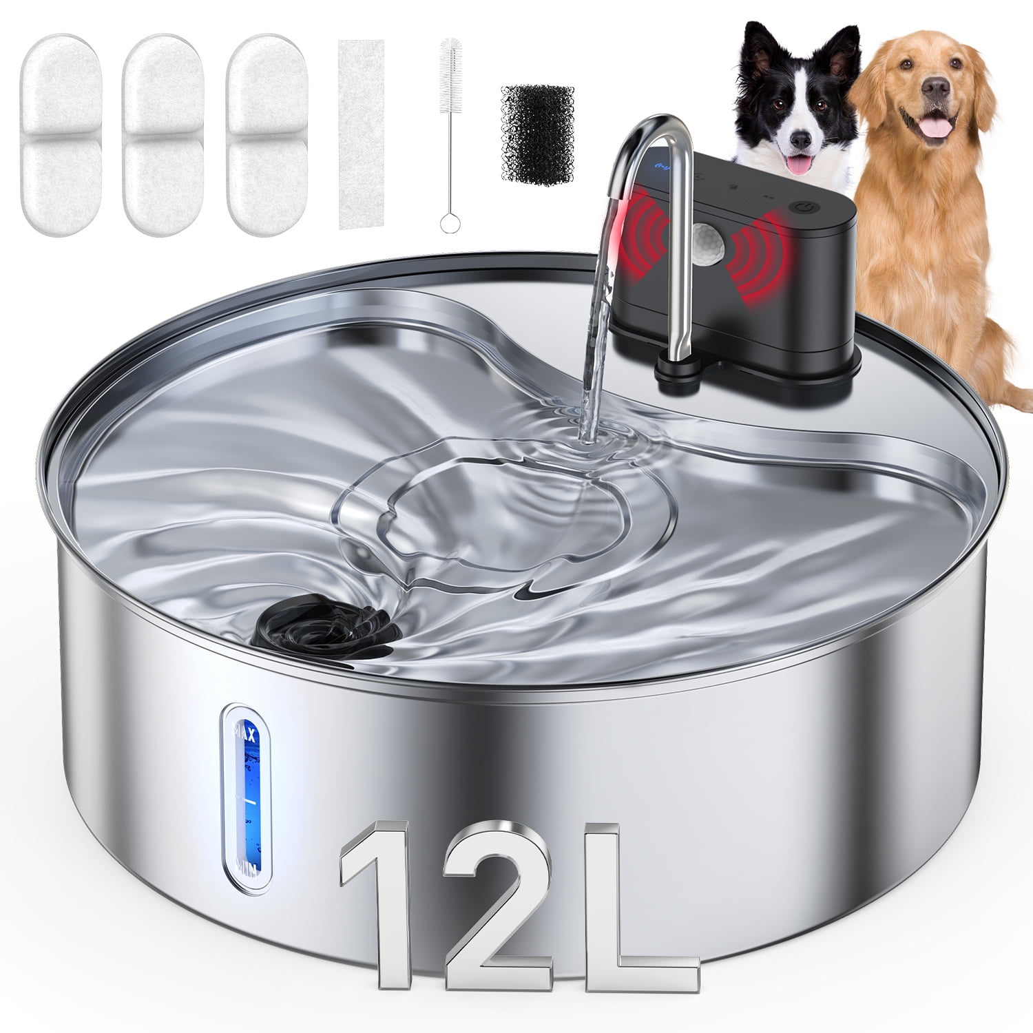 12L Dog Water Fountain Stainless Steel, Wireless Cat Water Fountain with 3 Modes, Battery Operated Automatic Pet Drinking Dispenser for Cats Dogs