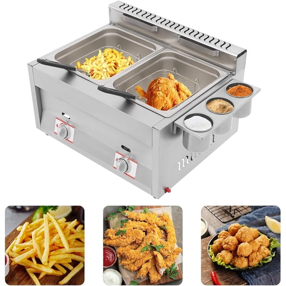 12L Dual Tanks Commercial LPG Gas Deep Fryer w/ 2 Fry Baskets High Capacity Countertop Kitchen Stainless Steel Frying Machine for French Fry Restaurants Supermarkets Fast Food Stands