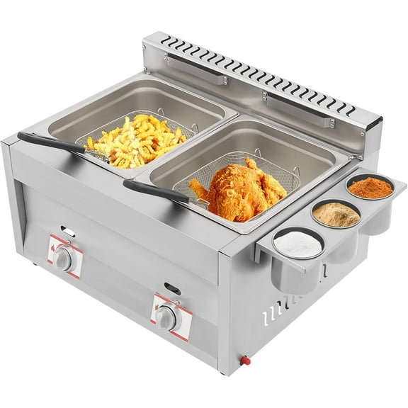 12L Dual Tanks Commercial LPG Gas Deep Fryer w/ 2 Fry Baskets High Capacity Countertop Kitchen Stainless Steel Frying Machine for French Fry Restaurants Supermarkets Fast Food Stands (Type A)