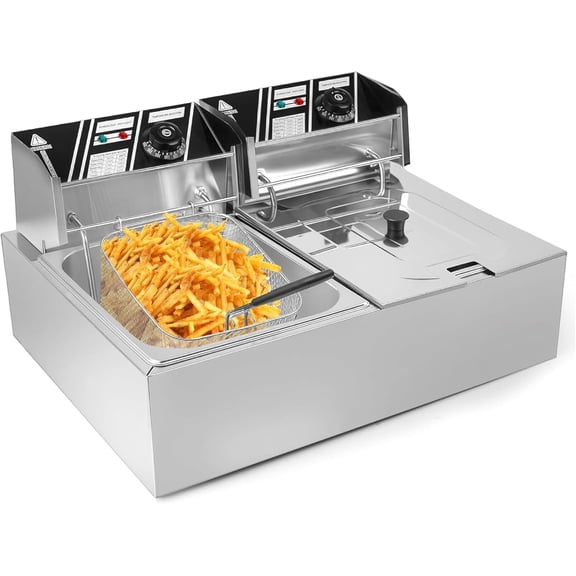 12L Electric Deep Fryer with Dual Baskets & Lids 5000W Commercial Countertop Stainless Steel Double Tank Fryer with Temperature Control for Restaurant & Home Use