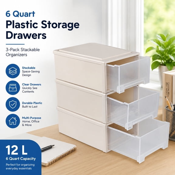 12L Plastic Stackable Storage Drawers, 3 Pack Compact Desktop Organizer Boxes for Office Home