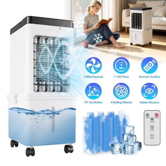 12L Portable Air Cooler Fan, 3-Speed Evaporative Air Conditioner with Dual Water Tank, 15H Timer & Visible Window for Bedroom, Office & Home