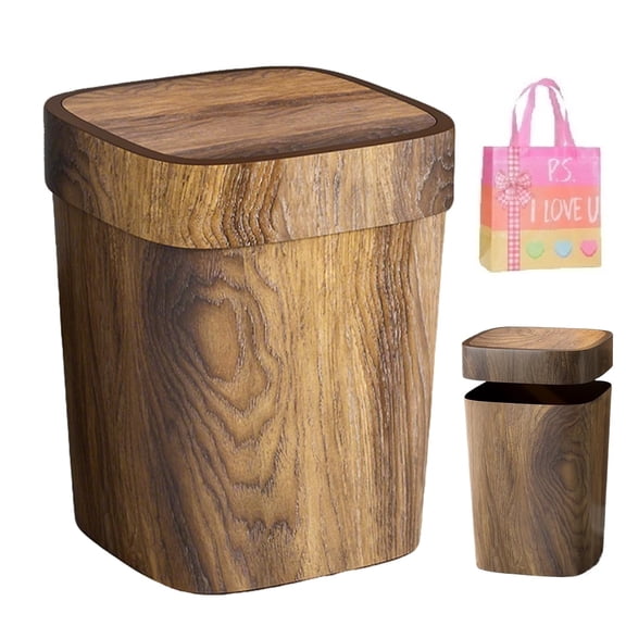 Farmhouse Bathroom Trash Can - 12L Wood Grain Swing Lid Garbage Bin, Rectangular Waste Basket for Bedroom, Kitchen & Office(XX)